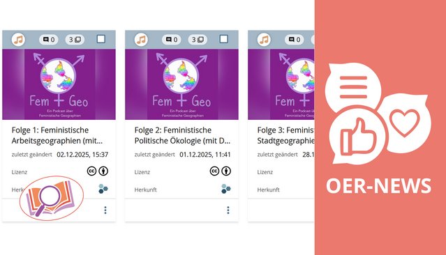 Übersicht des Podcasts ‚Fem + Geo‘ mit mehreren Episoden in einer Kachelansicht.