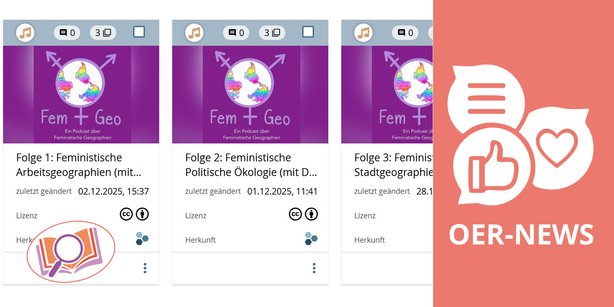 Übersicht des Podcasts ‚Fem + Geo‘ mit mehreren Episoden in einer Kachelansicht.