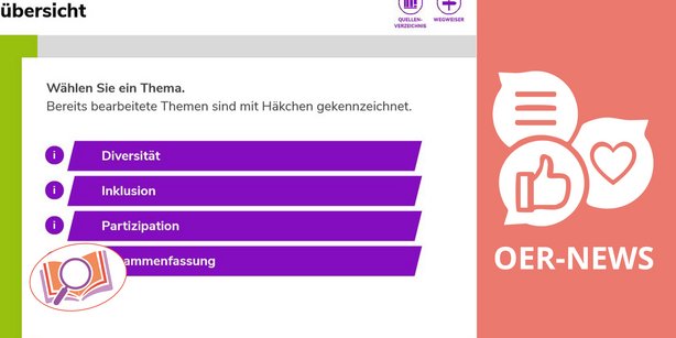 Menü zur Themenauswahl mit den Punkten Diversität, Inklusion, Partizipation und Zusammenfassung.